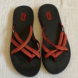 TEVA Black Footbed Sandals with Red Patterned Straps